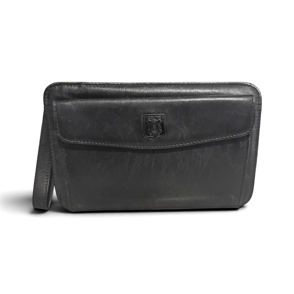 Vintage Celine Paris Black Leather Wrist Clutch with Gold Hardware & Strap